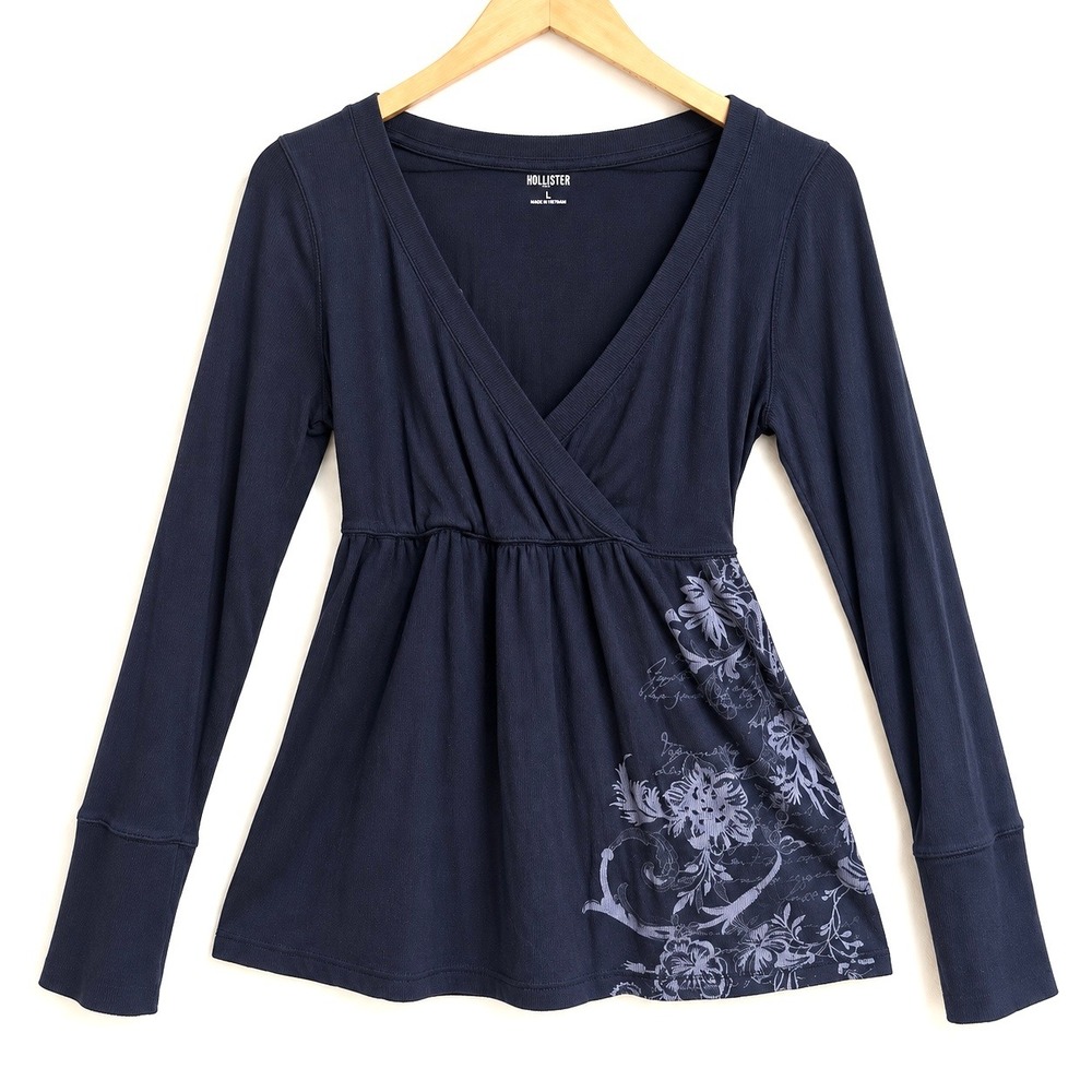 Hollister Womens L Y2K Babydoll Top Navy Floral V Neck Long Sleeve Empire Waist